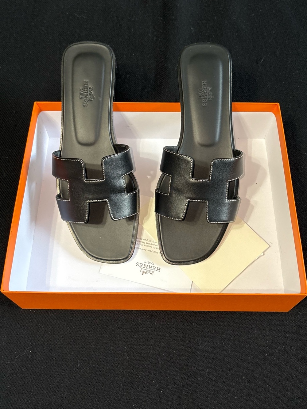 Hermes Black Leather H-Slide Sandals